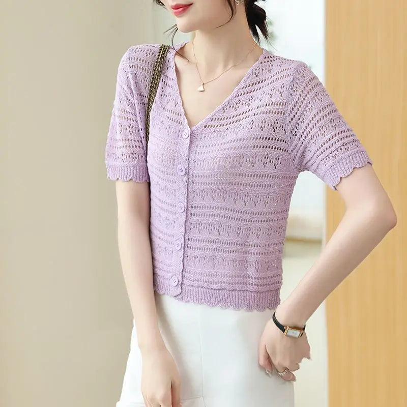 Short-sleeved Openwork Summer Thin Knit Cardigan